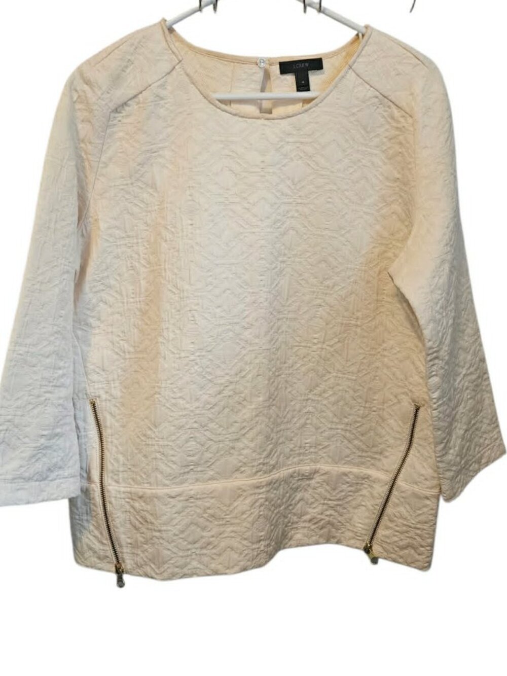 J. Crew Size 4 Ivory Creme Matelasse Textured Zip-Top Geometric Embossing Blouse